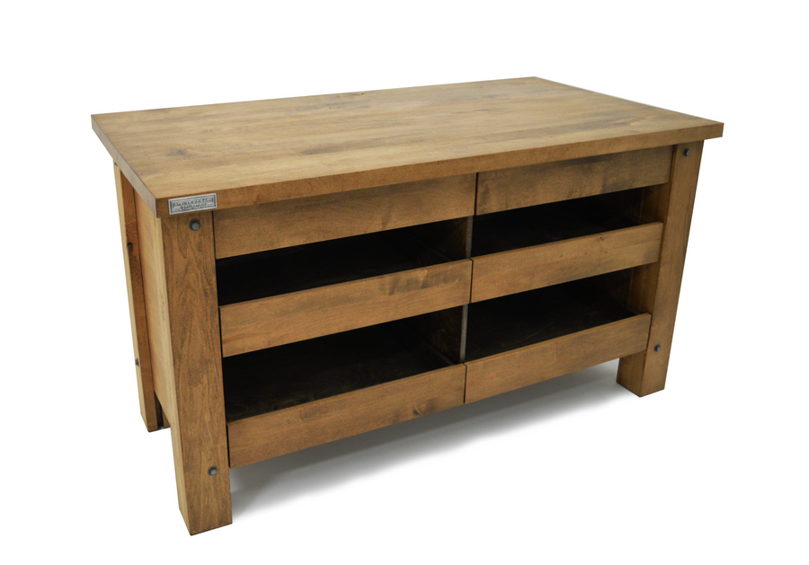 Grand ilot en bois massif muni de 6 tiroirs de rangement robustes avec système de fermeture en douceur